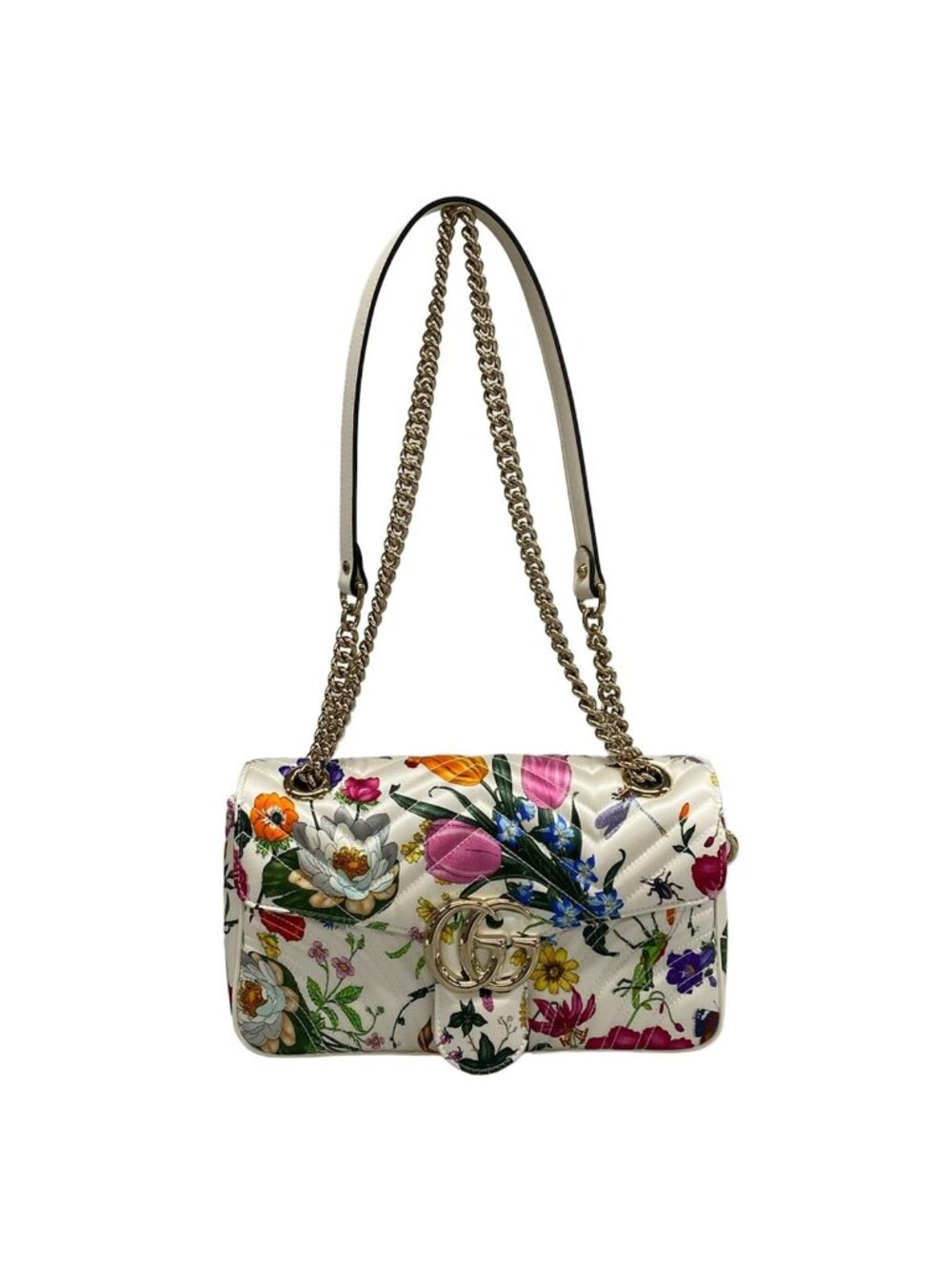 Gucci Shoulder Bag GG Marmont Quilted Medium Flora White Dark Green Multi Chain